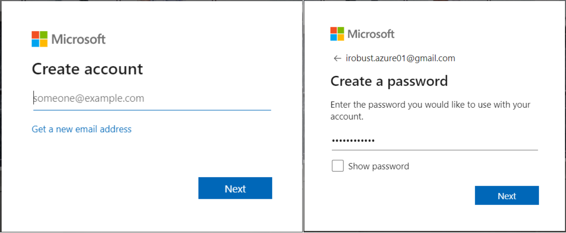 Azure Create account Step 1