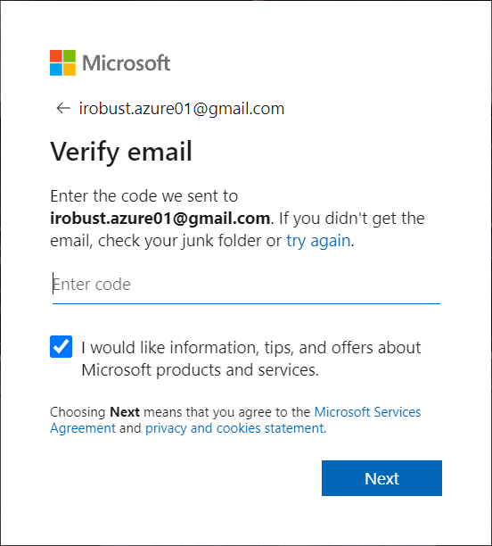 Azure Create account Step 2